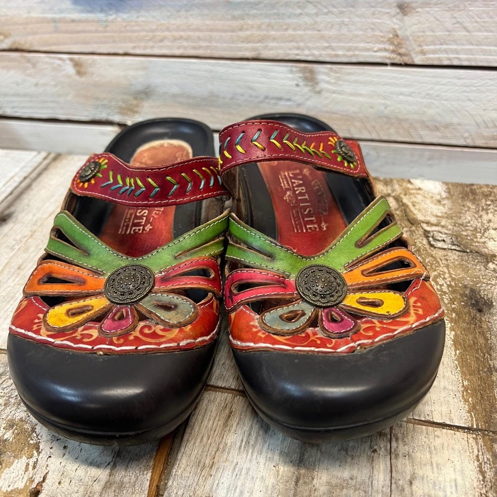 Spring Step L'Artiste Floral Leather Clogs Boho Embroidered Mule Shoes 7